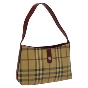 Burberry Nova Check Hand Bag Pvc Leather Beige Wine Red Silver
